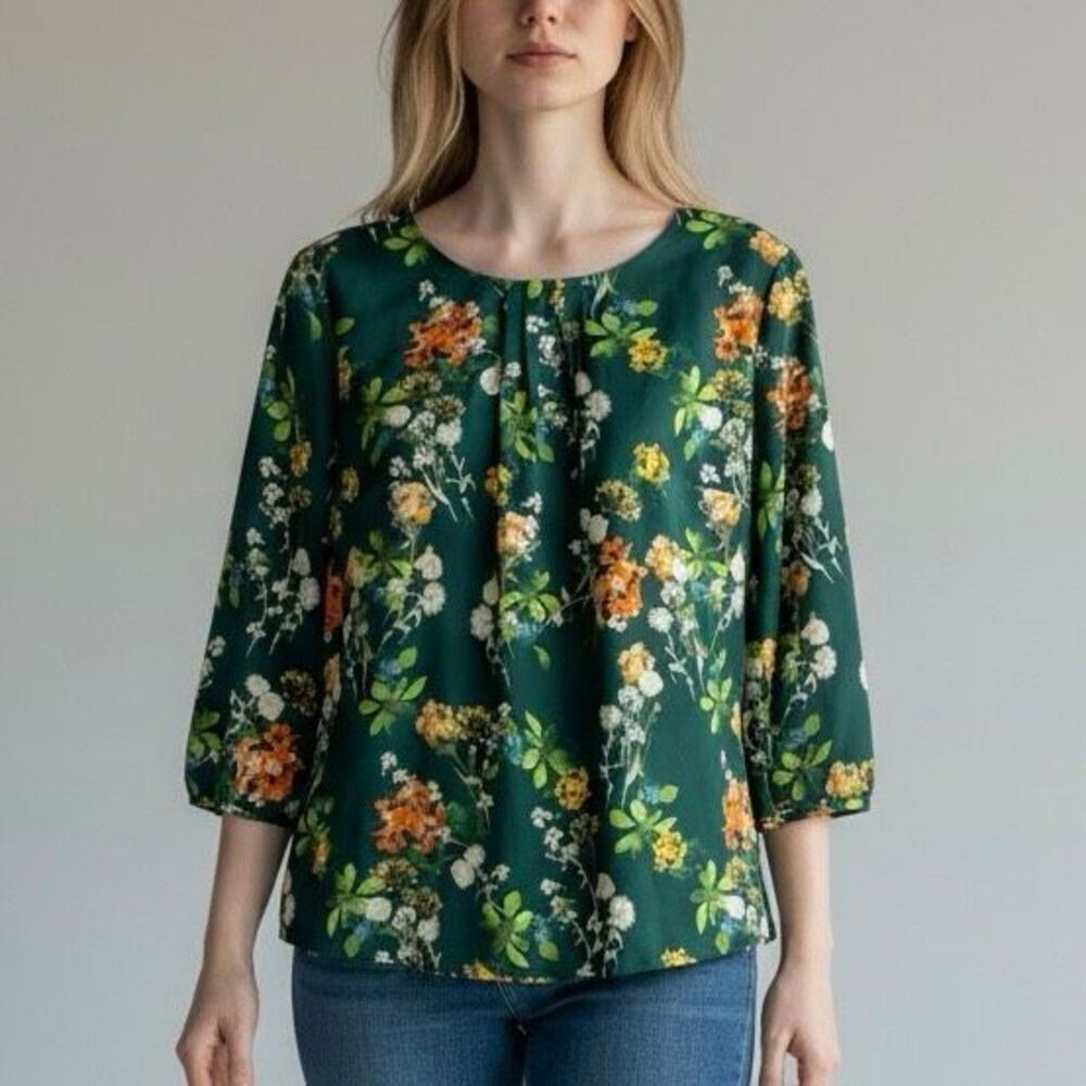 Talbots L Green 3/4 Sleeve Floral Blouse Preppy Old Money Classy Romantic Fairy
